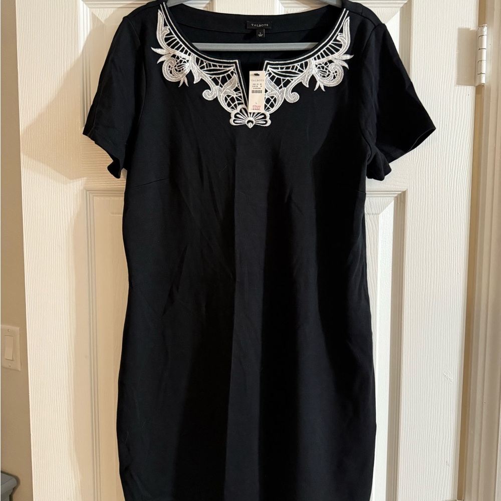 NWT - Talbots Classic Black Dress with Lace Neckline White Detailing Size Large